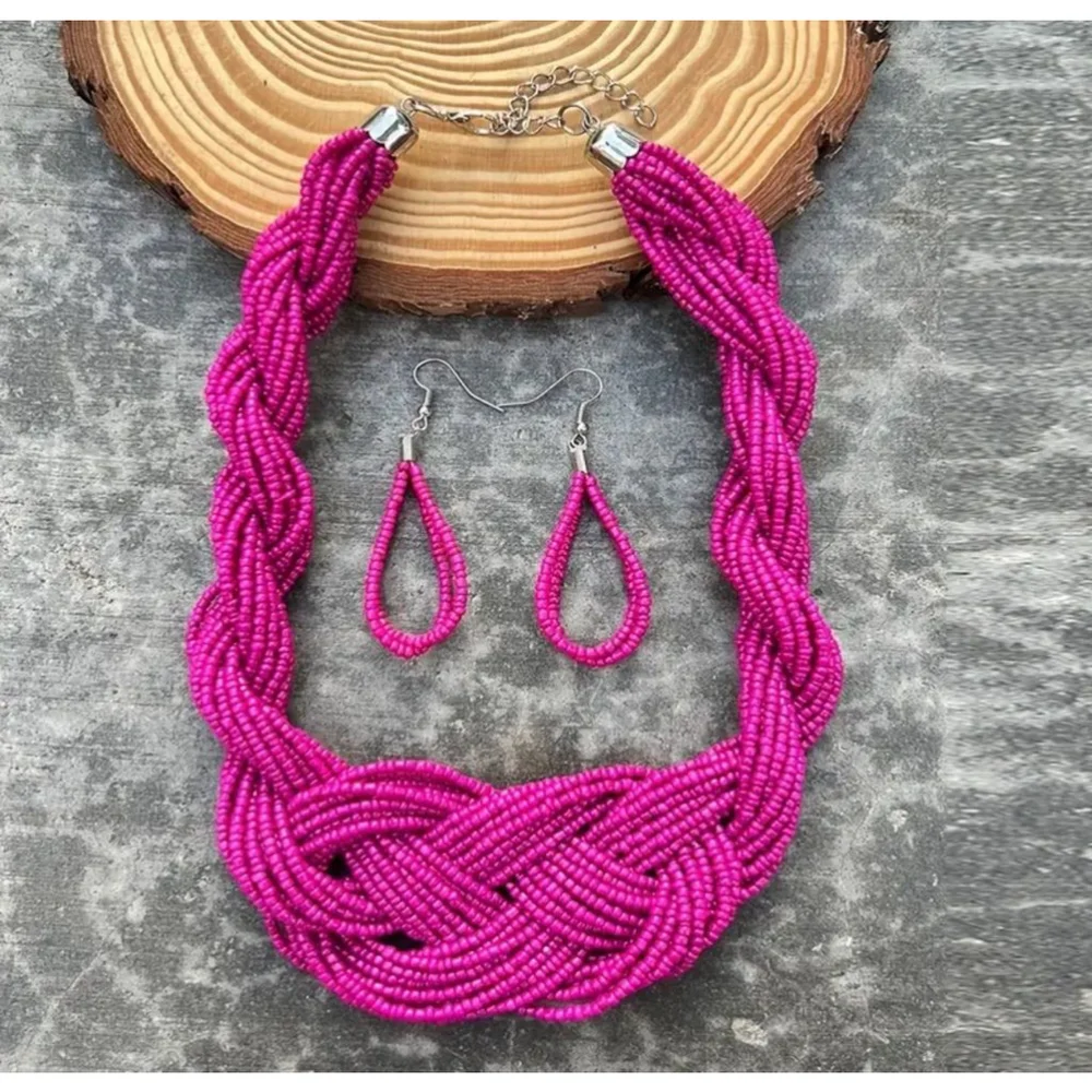 Pink Millet Bead Braided Necklace with Matching Bead Earrings